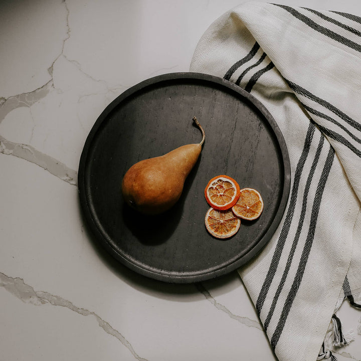 LARGE BLACK ROUND WOOD TRAY