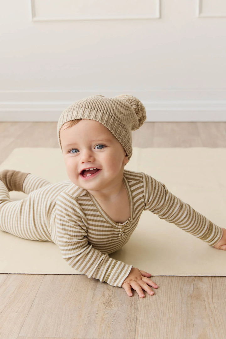 ORGANIC COTTON MODAL LONG SLEEVE BODYSUIT - NARROW STRIPE BALM/CLOUD