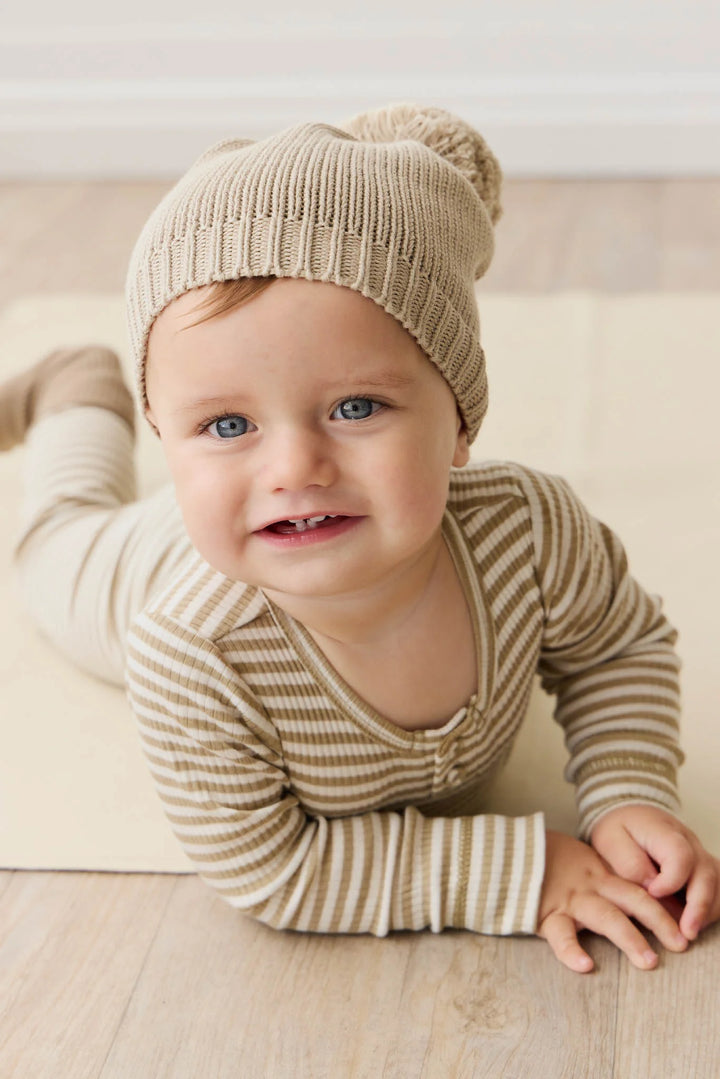 ORGANIC COTTON MODAL LONG SLEEVE BODYSUIT - NARROW STRIPE BALM/CLOUD
