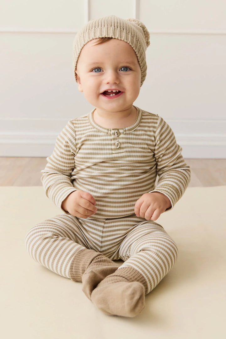 ORGANIC COTTON MODAL LONG SLEEVE BODYSUIT - NARROW STRIPE BALM/CLOUD