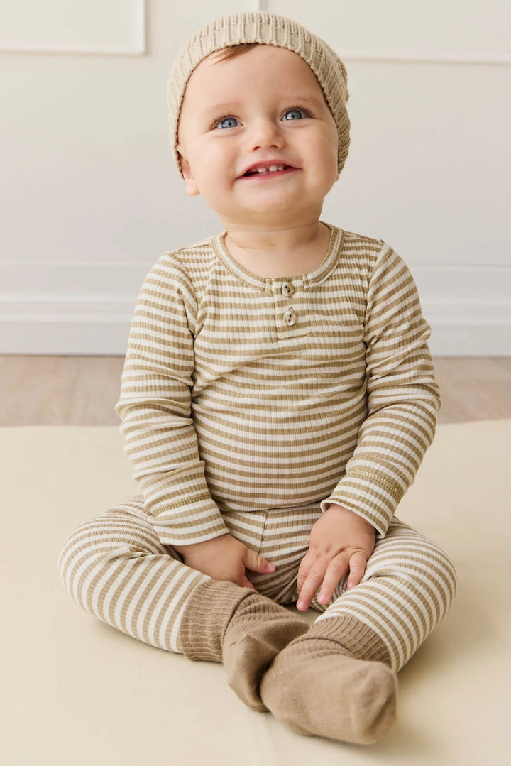 ORGANIC COTTON MODAL LONG SLEEVE BODYSUIT - NARROW STRIPE BALM/CLOUD