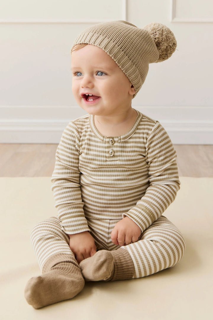 ORGANIC COTTON MODAL LONG SLEEVE BODYSUIT - NARROW STRIPE BALM/CLOUD