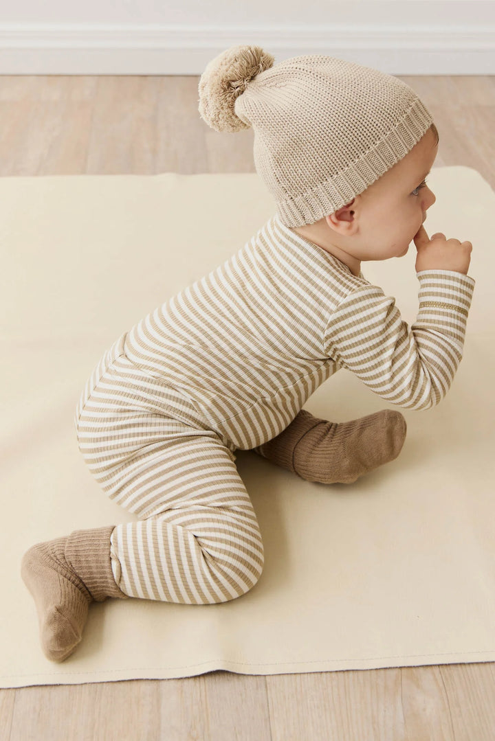 ORGANIC COTTON MODAL LONG SLEEVE BODYSUIT - NARROW STRIPE BALM/CLOUD