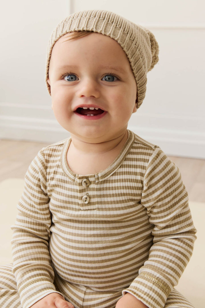 ORGANIC COTTON MODAL LONG SLEEVE BODYSUIT - NARROW STRIPE BALM/CLOUD