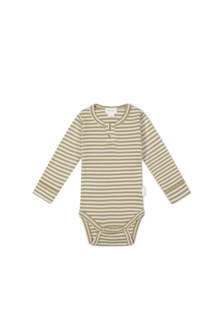 ORGANIC COTTON MODAL LONG SLEEVE BODYSUIT - NARROW STRIPE BALM/CLOUD