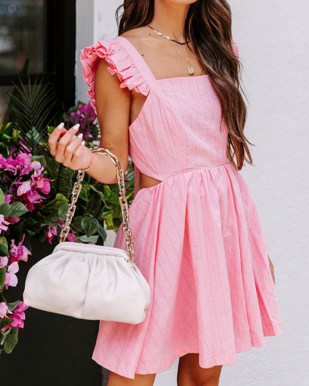 pink ruffle babydoll dress Elina Tiered Ruffle Babydoll Dress Rose / L