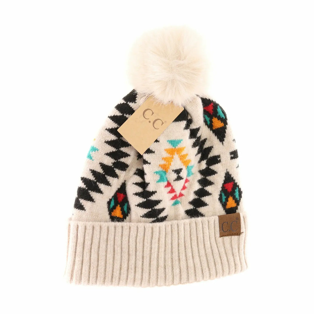 AZTEC PATTERNED FAUX FUR POM BEANIE - BLACK