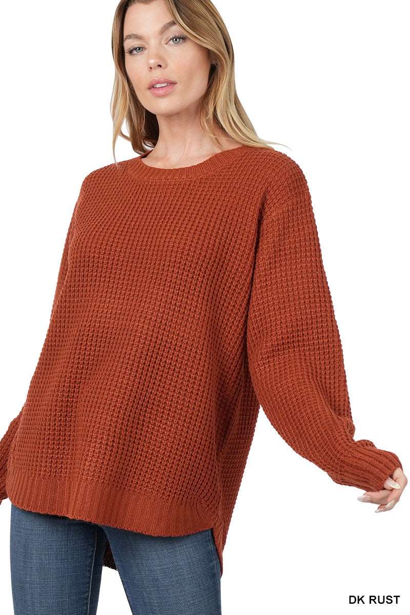 FALLING FOR YOU WAFFLE KNIT SWEATER - RUST