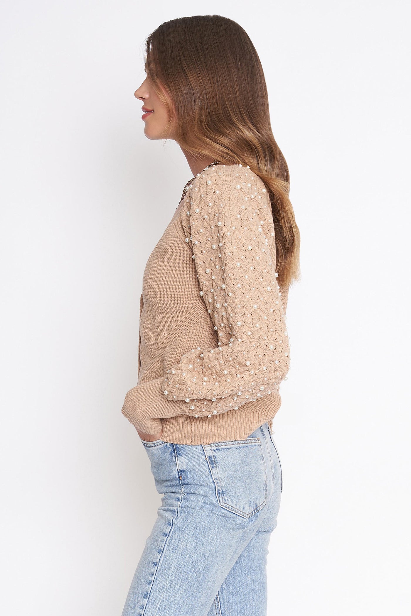 ABBY COTTON BLEND PEARL CARDIGAN - BEIGE