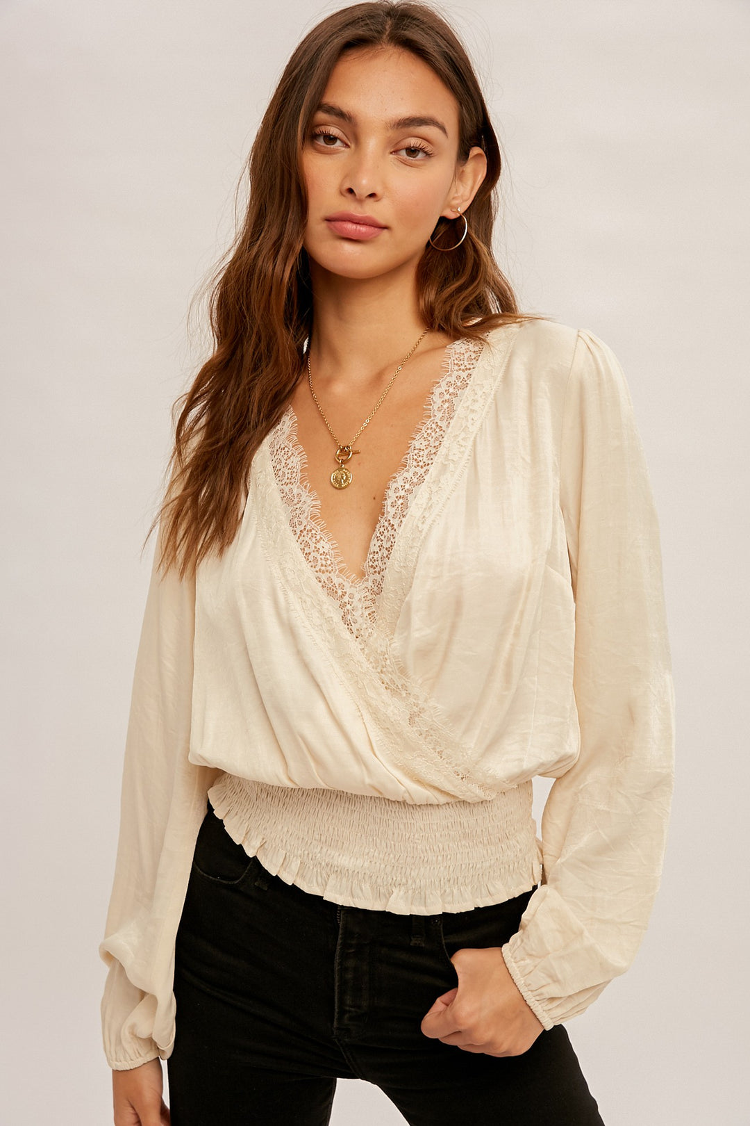 AMIR LACE TRIMMED SATIN BLOUSE