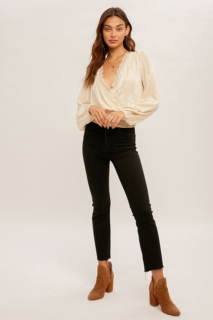 AMIR LACE TRIMMED SATIN BLOUSE