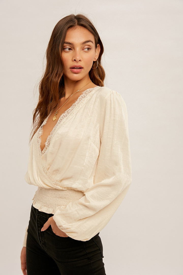 AMIR LACE TRIMMED SATIN BLOUSE