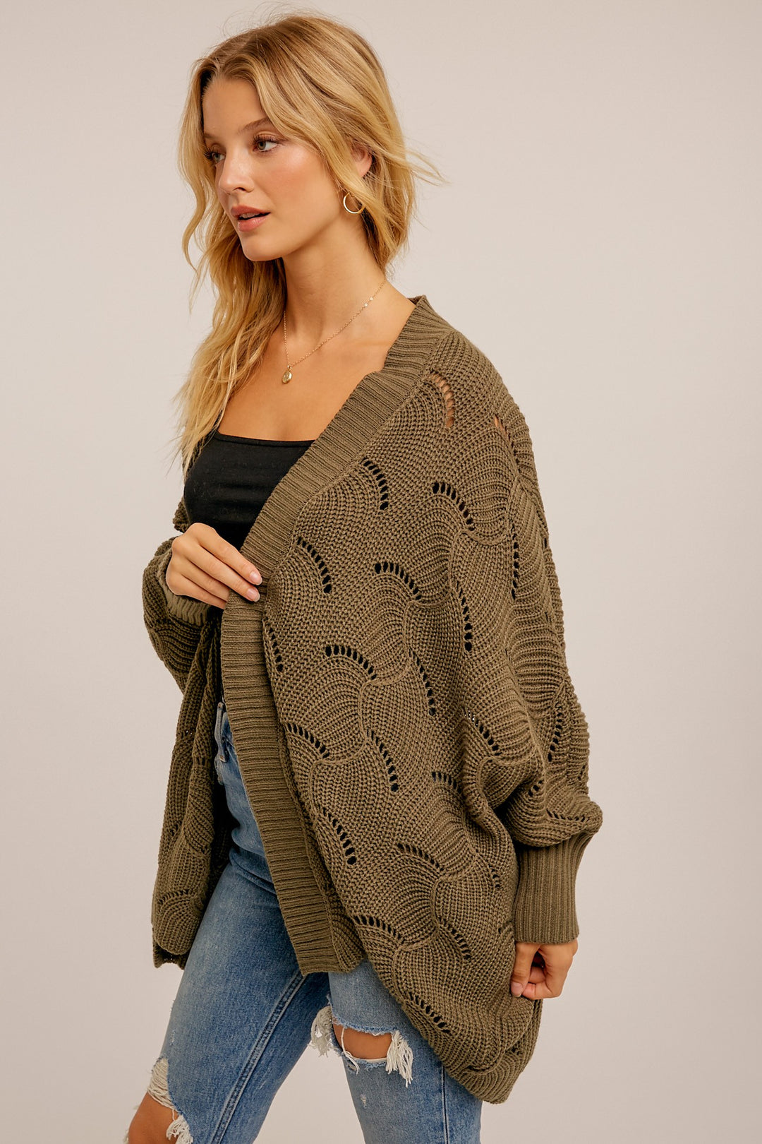 PRESLEY SCALLOPED EDGE POINTELLE KNIT CARDIGAN