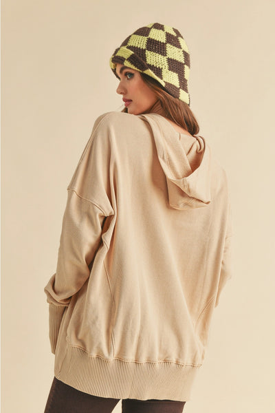 MINDFUL COTTON POCKETED HENLEY HOODIE - TAUPE
