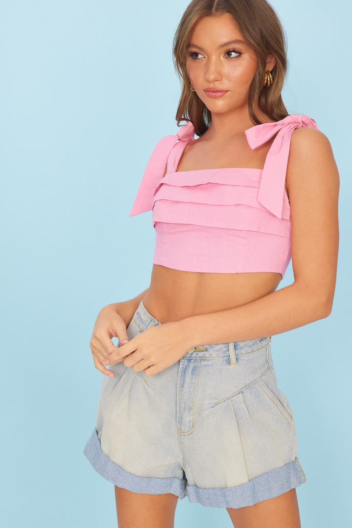 WITHIN MY HEART LINEN TIERED SHOULDER TIE CROP TOP