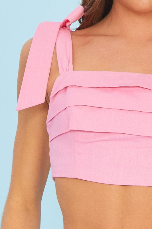 WITHIN MY HEART LINEN TIERED SHOULDER TIE CROP TOP