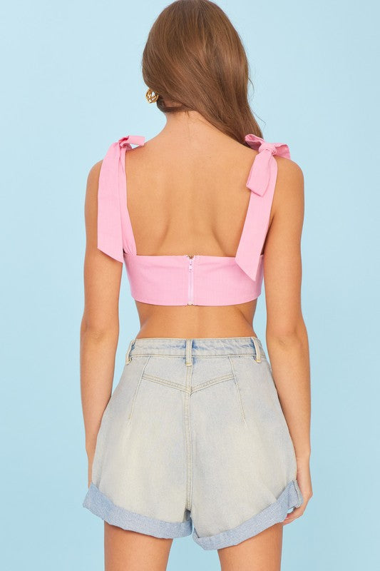 WITHIN MY HEART LINEN TIERED SHOULDER TIE CROP TOP