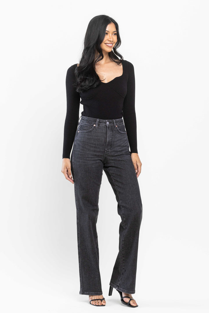 JUDY BLUE TUMMY CONTROL HIGH WAISTED BLACK WASH STRAIGHT DENIM