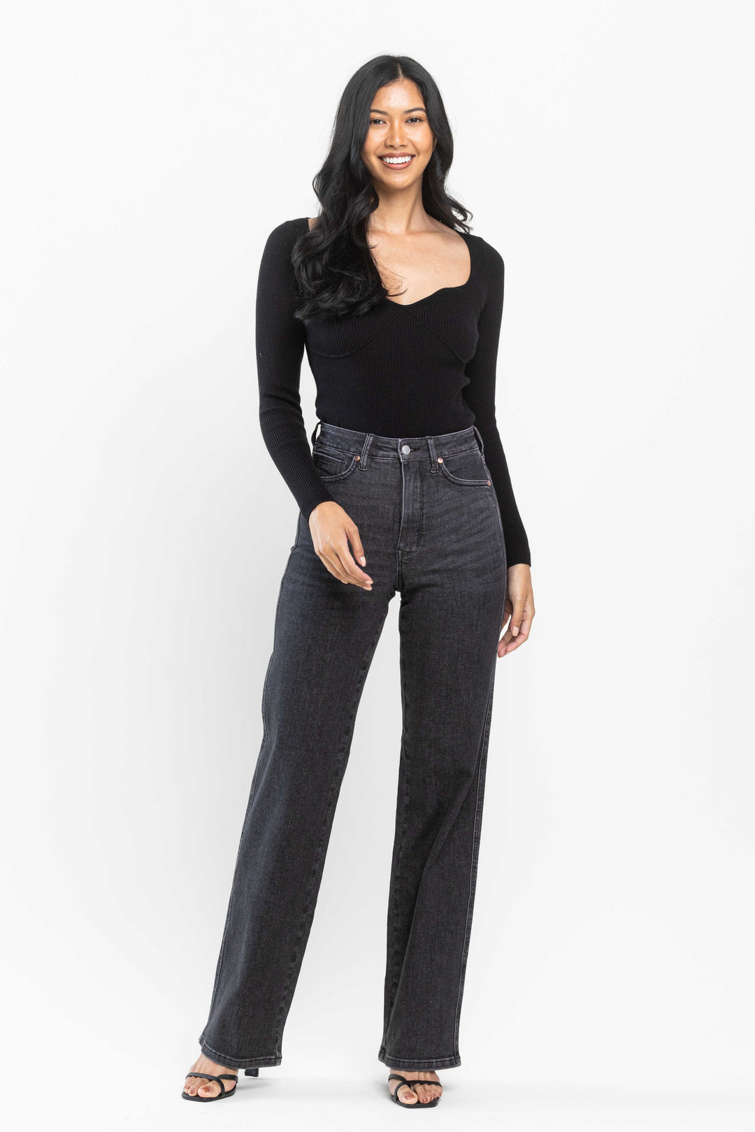 JUDY BLUE TUMMY CONTROL HIGH WAISTED BLACK WASH STRAIGHT DENIM