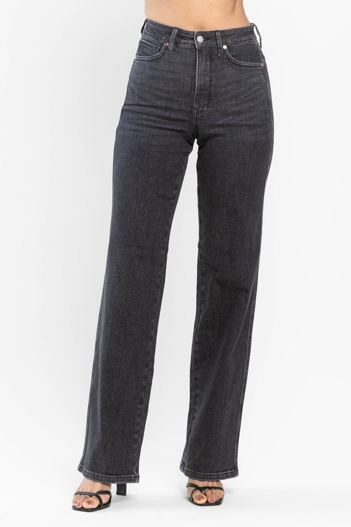 JUDY BLUE TUMMY CONTROL HIGH WAISTED BLACK WASH STRAIGHT DENIM