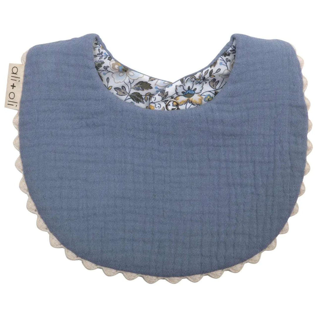 BLUE/FLORAL MUSLIN COTTON REVERSIBLE BABY BIB