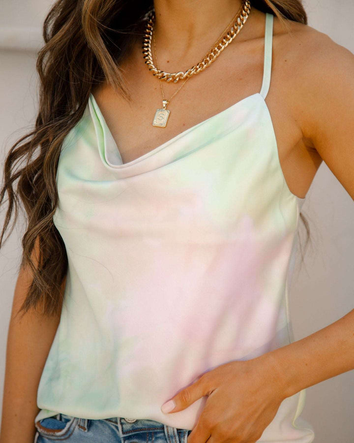 HAPPY INSIDE SATIN TIE DYE COWL NECK TAN