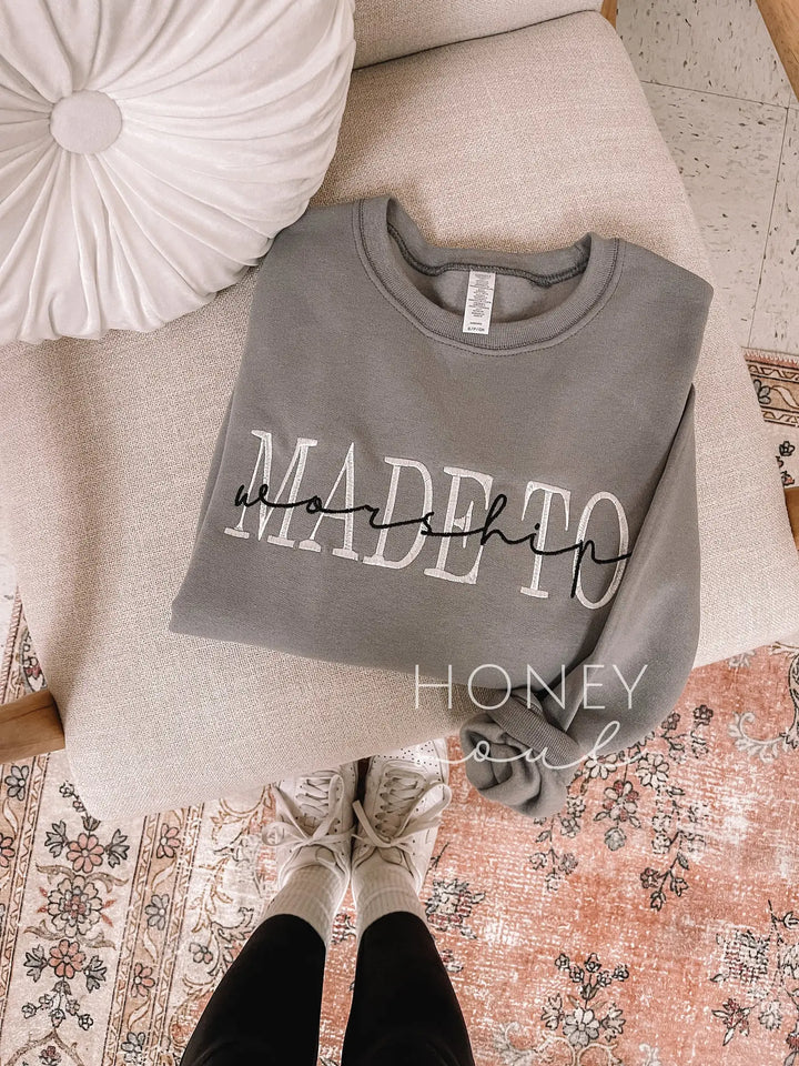 MADE TO WORSHIP EMBROIDERED CREWNECK - GRAY