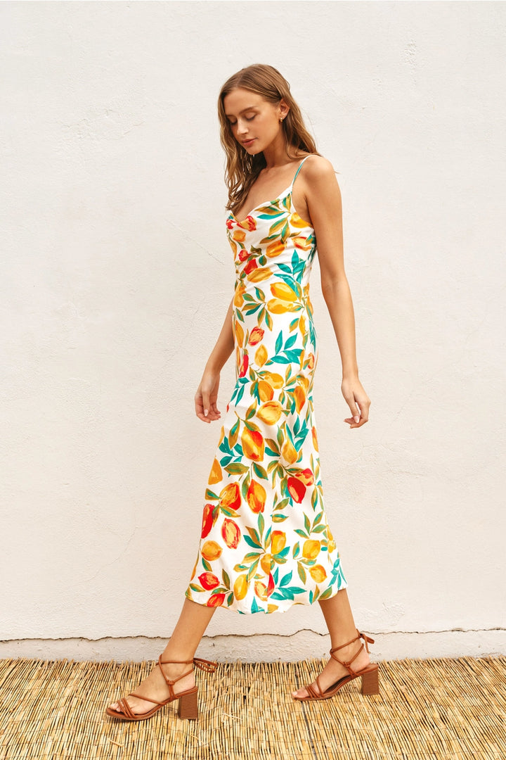 LEMON BLOSSOM COWL NECK MIDI DRESS