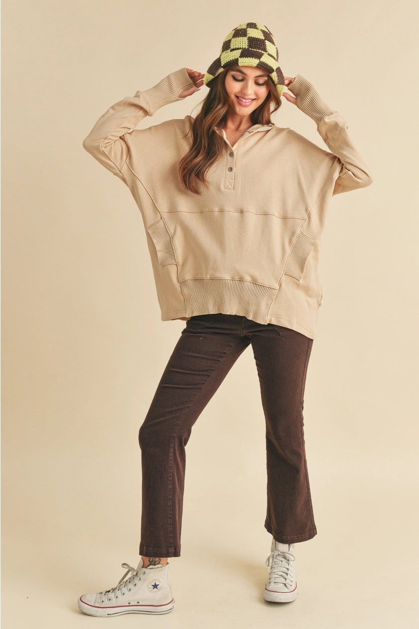 MINDFUL COTTON POCKETED HENLEY HOODIE - TAUPE