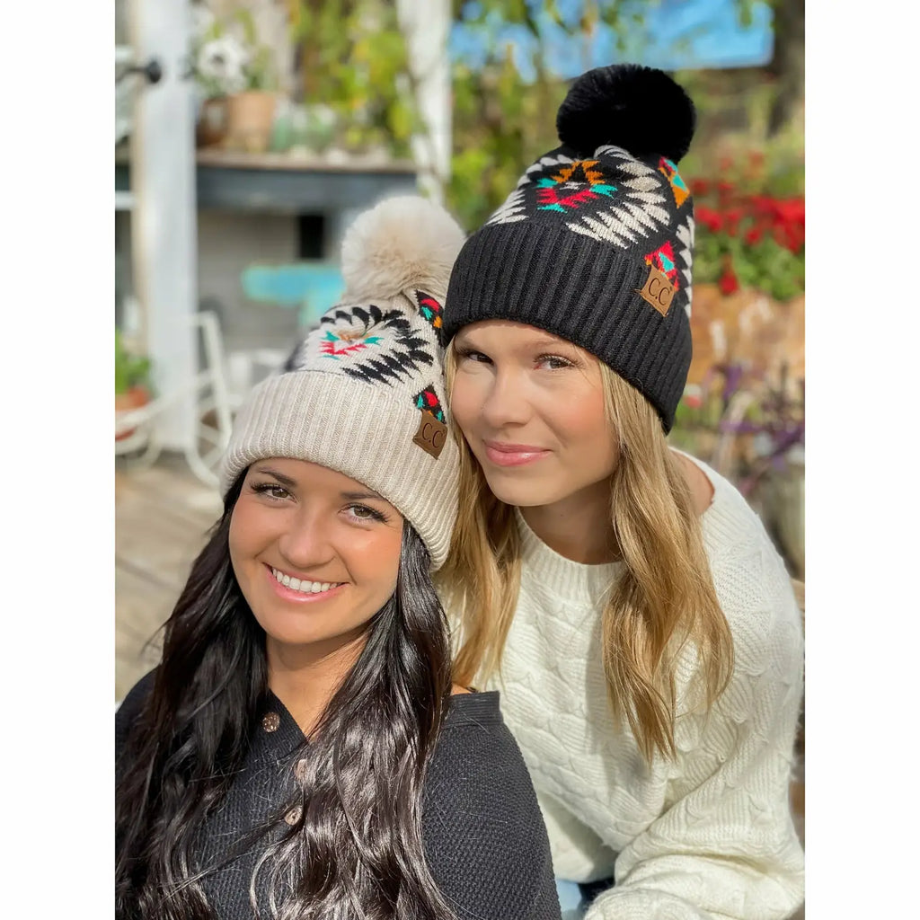 IVORY AZTEC PATTERN HAT WITH SOFT FAUX POM Aztec Pattern Beanie with Faux Fur Pom – Wild Roots Boutique  main image 3