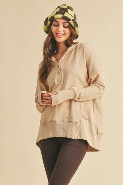 MINDFUL COTTON POCKETED HENLEY HOODIE - TAUPE