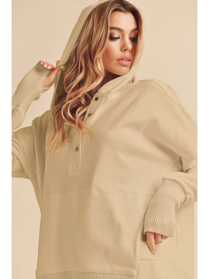 MINDFUL COTTON POCKETED HENLEY HOODIE - TAUPE