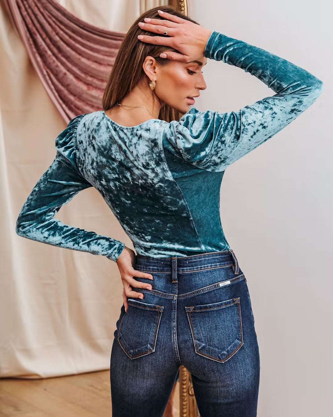 DINA VELVET PUFF SLEEVE TOP - TEAL