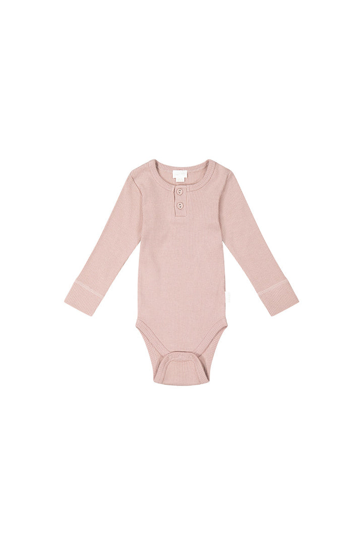 ORGANIC COTTON FINE RIB LONG SLEEVE BODYSUIT -  DUSKY ROSE