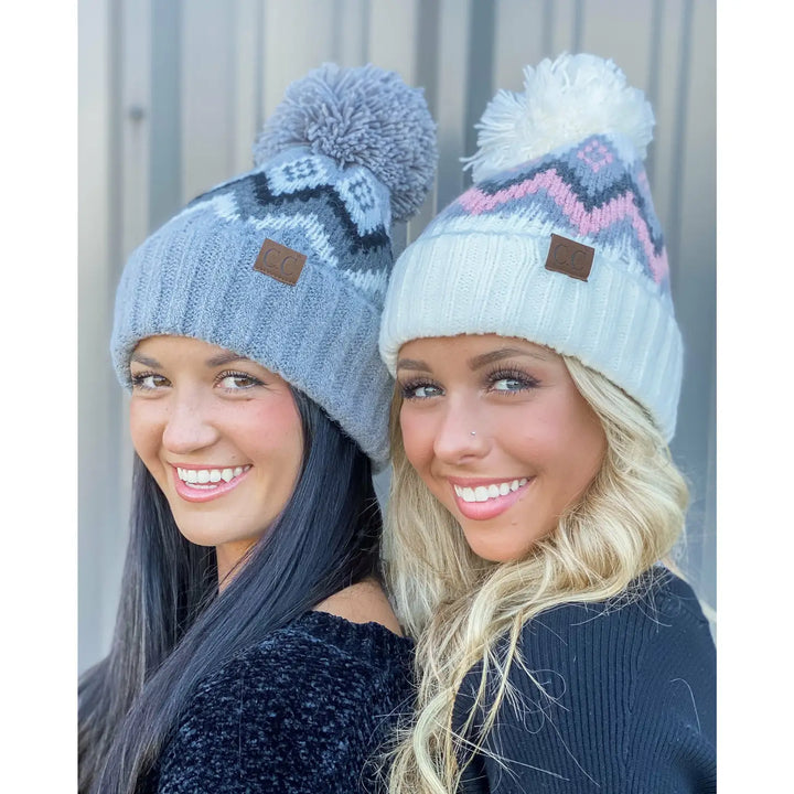 AZTEC CHEVRON KNIT POM BEANIE - LIGHT GREY