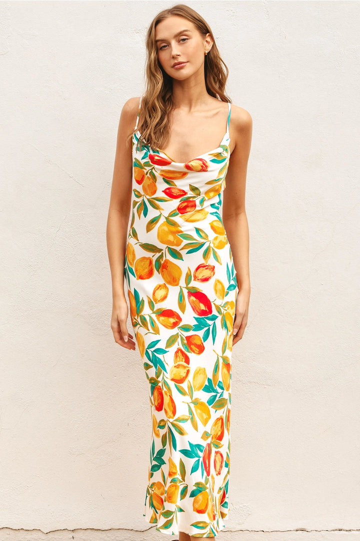 LEMON BLOSSOM COWL NECK MIDI DRESS