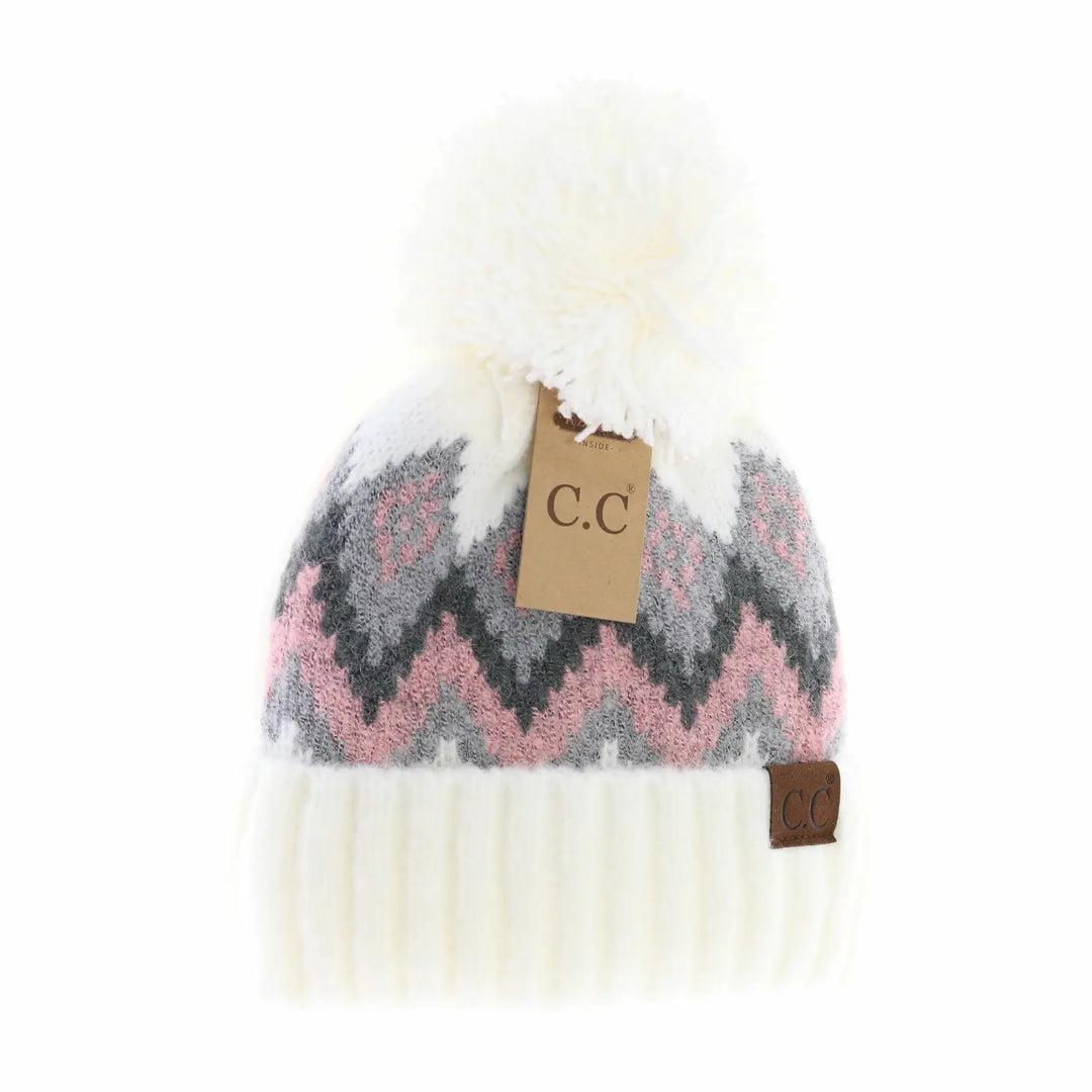 AZTEC CHEVRON KNIT POM BEANIE - LIGHT GREY