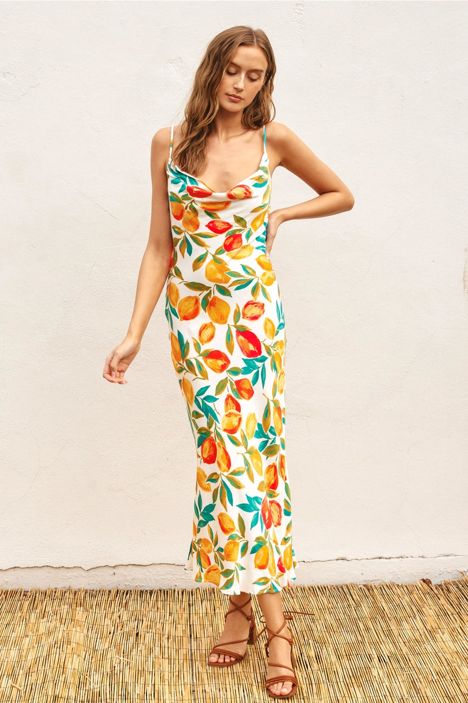 LEMON BLOSSOM COWL NECK MIDI DRESS