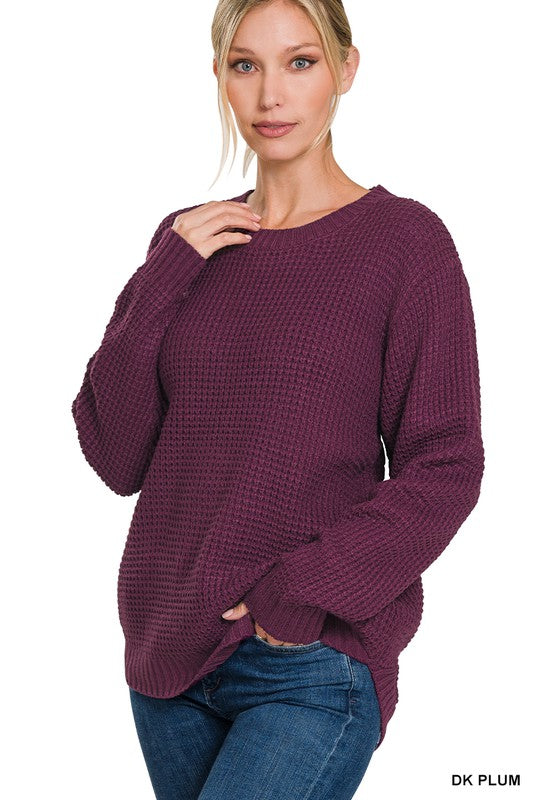 FALLING FOR YOU WAFFLE KNIT SWEATER - PLUM