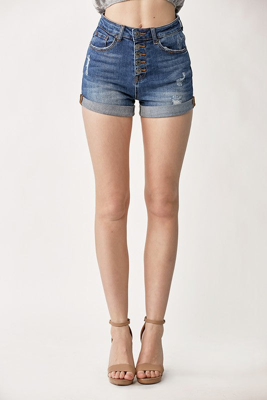 AROUND TOWN HIGH RISE BUTTON-FLY ROLLED HEM SHORTS (DARK)