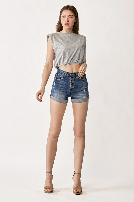 AROUND TOWN HIGH RISE BUTTON-FLY ROLLED HEM SHORTS (DARK)