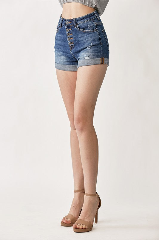 AROUND TOWN HIGH RISE BUTTON-FLY ROLLED HEM SHORTS (DARK)