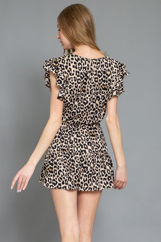 PRIORITIZE LEOPARD BUTTON RUFFLE ROMPER