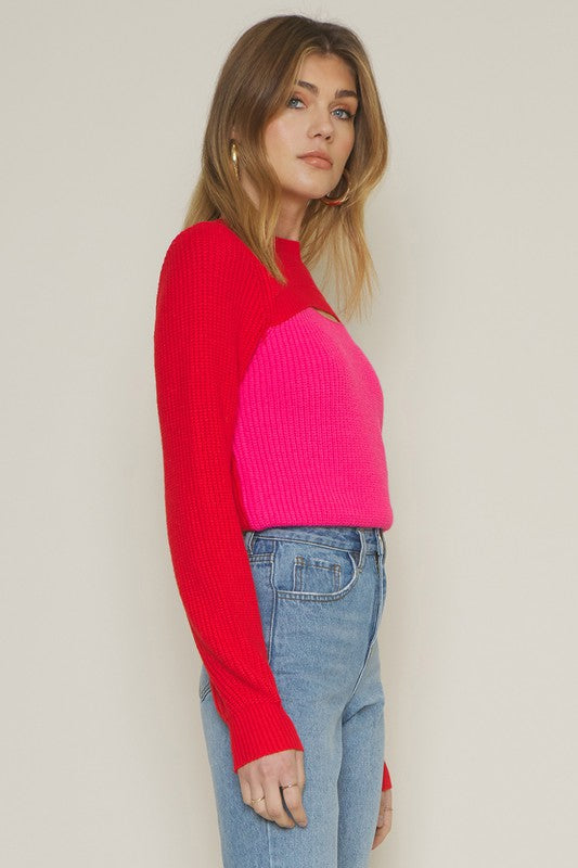 ROZIE COLORBLOCK CROP KNIT CUTOUT SWEATER - RED PINK