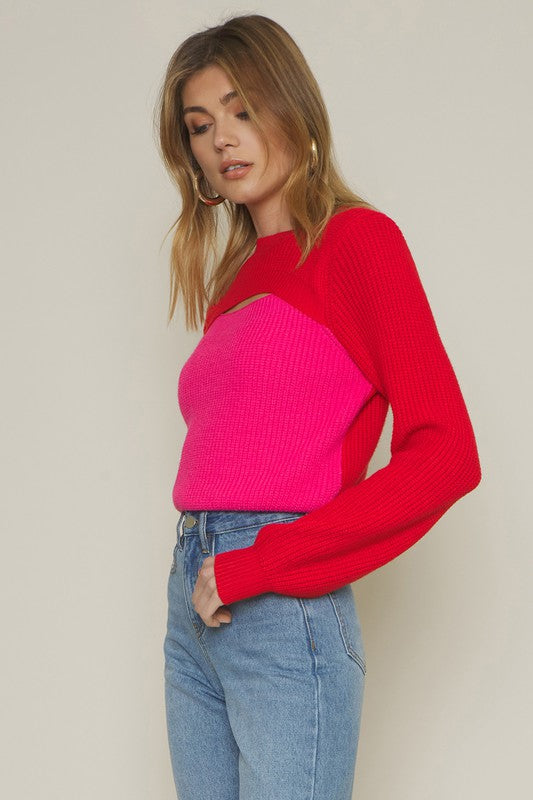 ROZIE COLORBLOCK CROP KNIT CUTOUT SWEATER - RED PINK