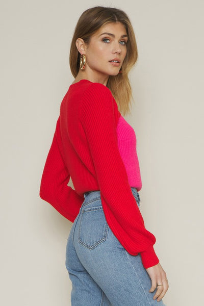ROZIE COLORBLOCK CROP KNIT CUTOUT SWEATER - RED PINK
