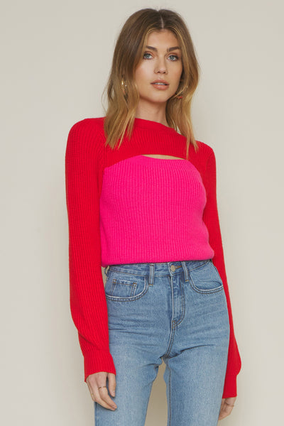 ROZIE COLORBLOCK CROP KNIT CUTOUT SWEATER - RED PINK