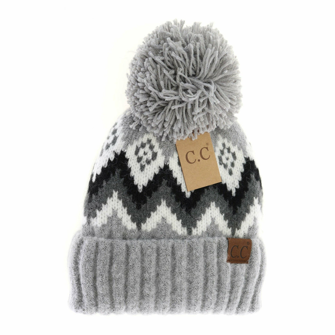 AZTEC CHEVRON KNIT POM BEANIE - LIGHT GREY