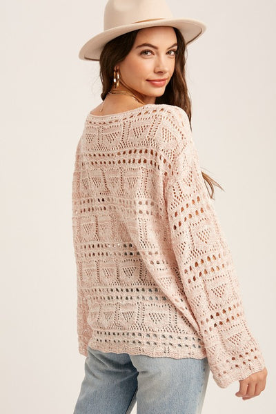 CROCHET KNIT V-NECK PULLOVER TOP