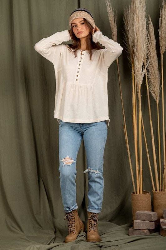 ELISA WAFFLE KNIT HENLEY TOP - CREAM